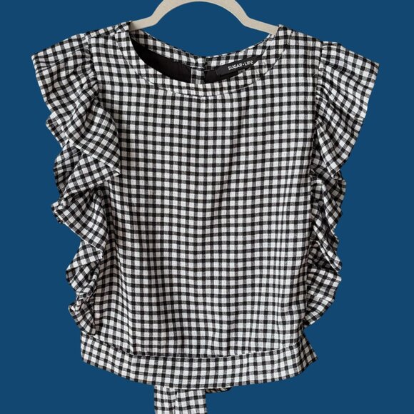 Sugar Lips Black & White Gingham Ruffle Tie and Button Back Blouse Top Small - Picture 4 of 4